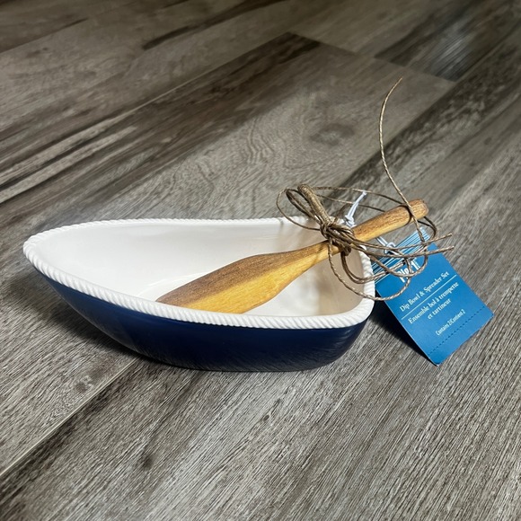 Pier 1 Dip Bowl & Spreader Set Boat Nautical Theme White Blue Condiment - Picture 1 of 6